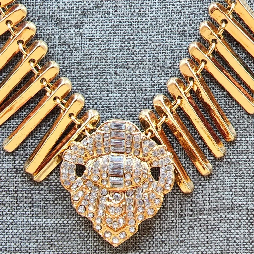 NEW Statement Polished Gold Fringe Rhinestone Center Dressy Runway Necklace